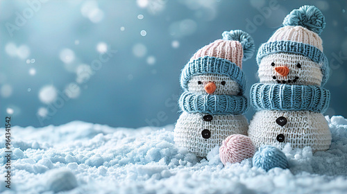 Knitted snowmen on soft snowy winter copy space Christmas background
