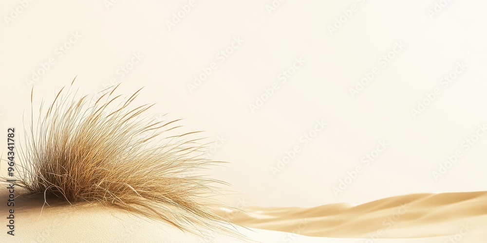 Fototapeta premium A serene desert scene featuring gentle sand dunes and a solitary grass tuft under a soft, warm light.