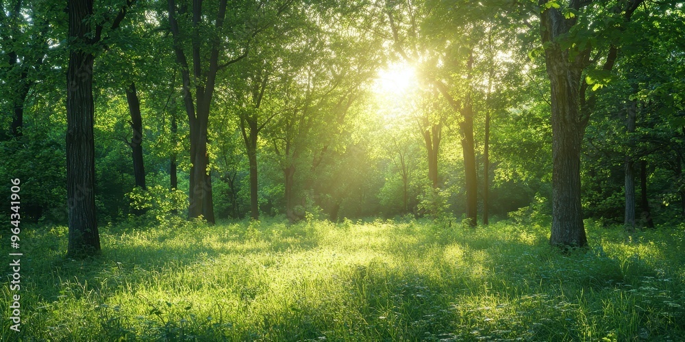 Fototapeta premium A serene forest landscape illuminated by golden sunlight, showcasing lush greenery and a peaceful atmosphere.