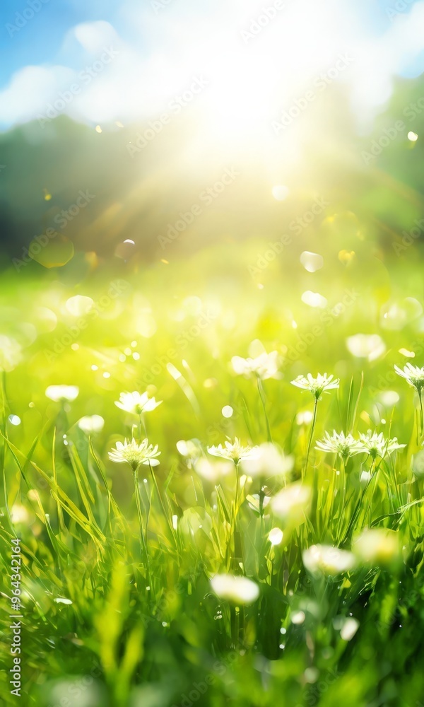 A field of white daisies bathed in sunlight, with a blurred background of trees and a bright blue sky. A field of white daisies bathed in sunlight, with a blurred background of trees and a bright blue sky.