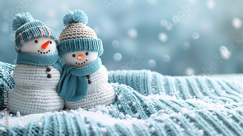 Knitted snowmen on soft snowy winter copy space Christmas background
