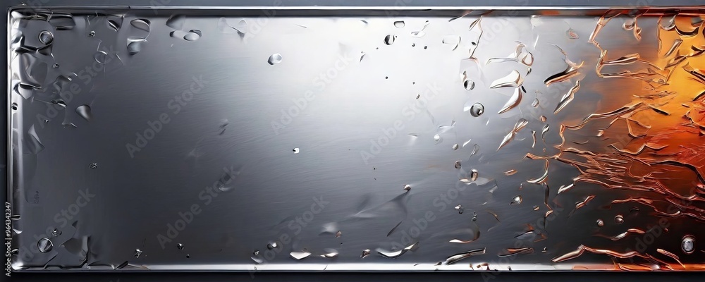 Fototapeta premium a close-up view of a metal surface with water droplets and a pattern of orange and brown hues, creating a textured and abstract visual effect.