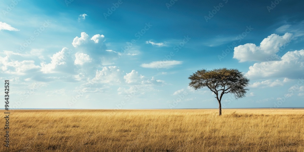 A serene landscape featuring a solitary tree against a vast sky and golden grassland, embodying tranquility and natural beauty. A serene landscape featuring a solitary tree against a vast sky and golden grassland, embodying tranquility and natural beauty.