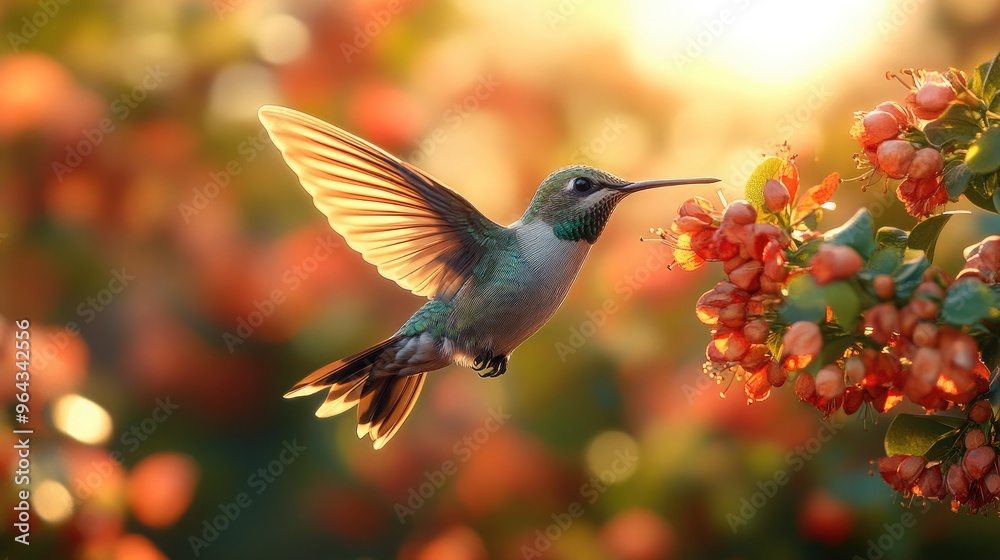 Fototapeta premium A Stunning 3D-Style Hummingbird Mid-Flight with Blurred Floral Background for Nature and Wildlife Projects