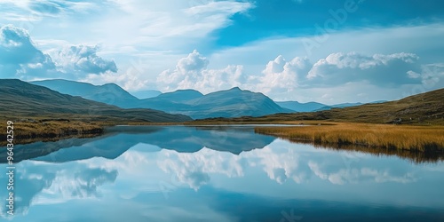 A serene landscape featuring a tranquil lake reflecting majestic mountains under a beautiful sky filled with fluffy clouds.