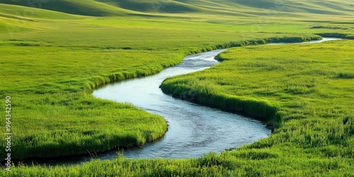 A serene landscape featuring a winding river flowing through lush green fields under a clear blue sky.