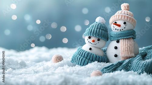 Knitted snowmen on soft snowy winter copy space Christmas background
