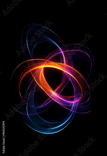 vibrant abstract design composed of overlapping, curved lines in various colors including orange, blue, and purple, set against a black background.