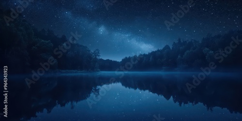 Wallpaper Mural A serene night scene featuring a tranquil lake, starry sky, and reflection of trees, perfect for relaxation and contemplation. Torontodigital.ca