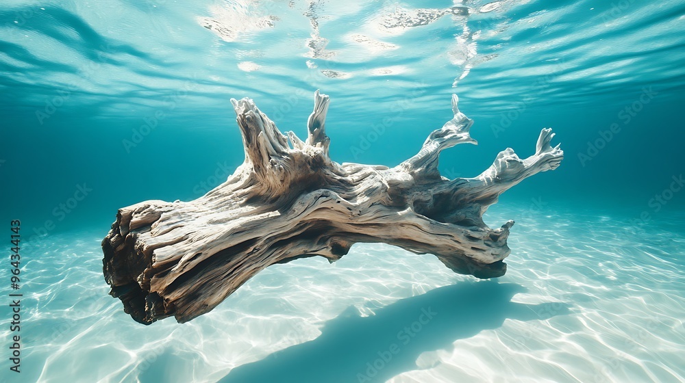 Obraz premium Underwater View of a Driftwood Branch in Turquoise Water