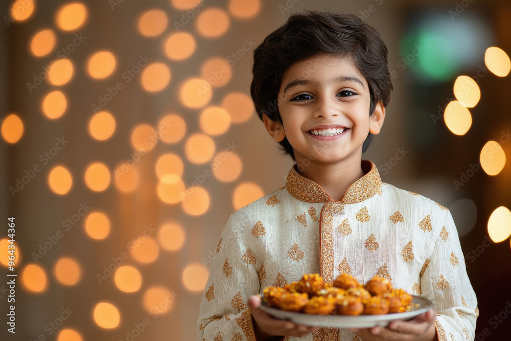 happy indian boy holding sweet plate on lighting background happy indian boy holding sweet plate on lighting background