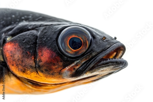 Mystic portrait of Black Ghost Knifefish in studio, copy space on right side, Anger, Menacing, Headshot, Close-up View, isolated on white background photo