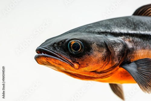 Mystic portrait of Black Ghost Knifefish in studio, copy space on right side, Anger, Menacing, Headshot, Close-up View, isolated on white background photo