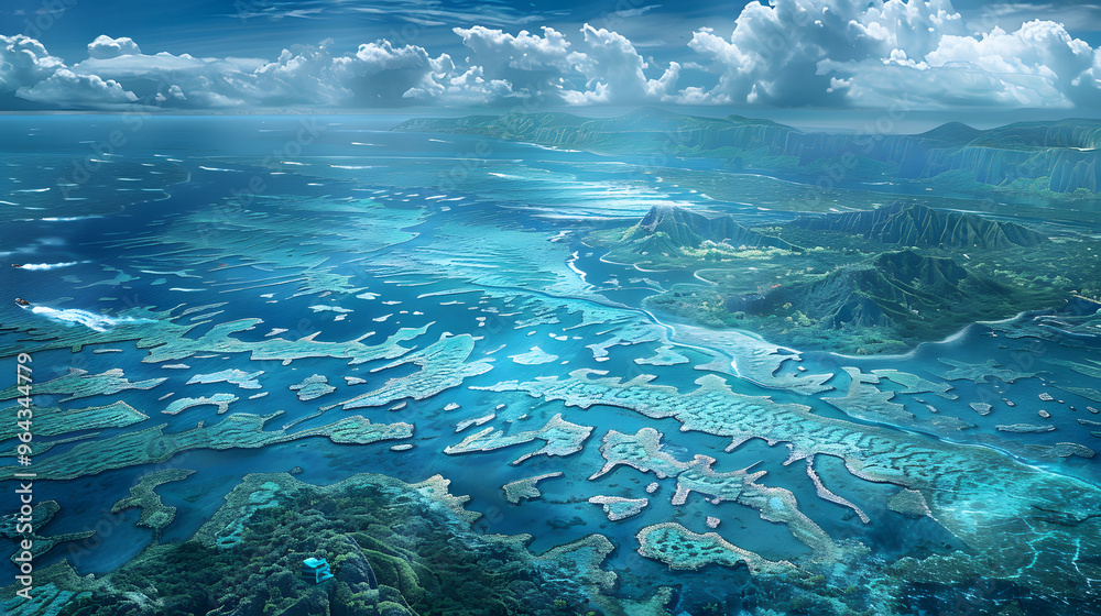 Coral atoll with reefs shaped like motherboards and lagoon waters rippling with digital current patterns Coral atoll with reefs shaped like motherboards and lagoon waters rippling with digital current patterns