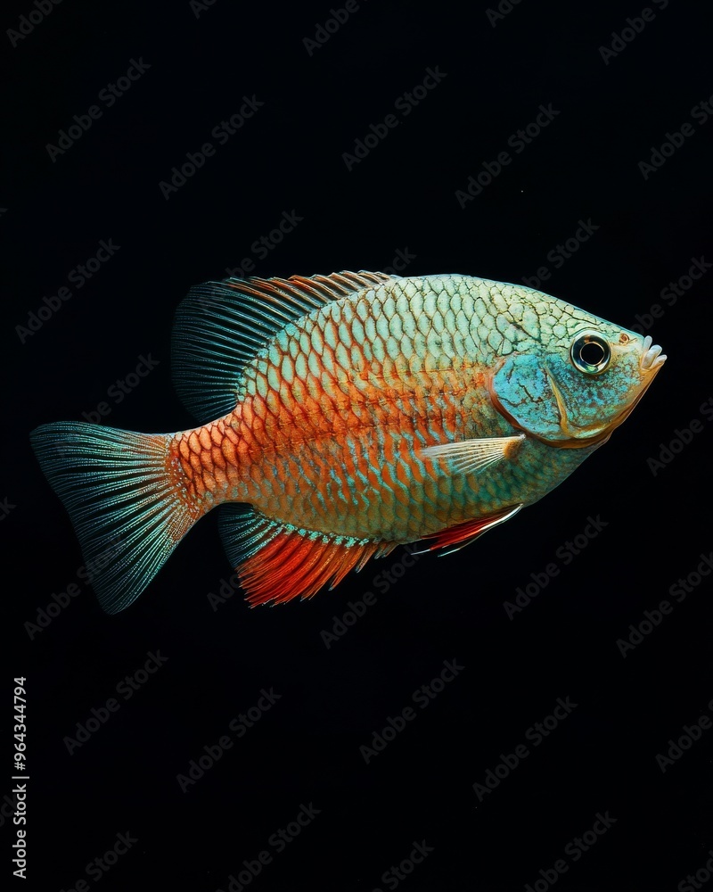 Fototapeta premium the Giant Gourami fish, portrait view, white copy space on right, Isolated on black Background