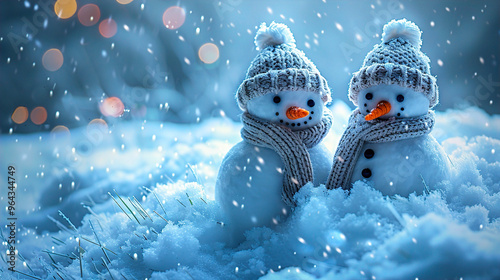 Knitted snowmen on soft snowy winter copy space Christmas background
