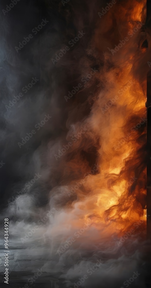 a dramatic scene of a fire, with a dark background transitioning into a fiery orange and red hues. The fire is situated on the right side of the frame, with smoke billowing a dramatic scene of a fire, with a dark background transitioning into a fiery orange and red hues. The fire is situated on the right side of the frame, with smoke billowing