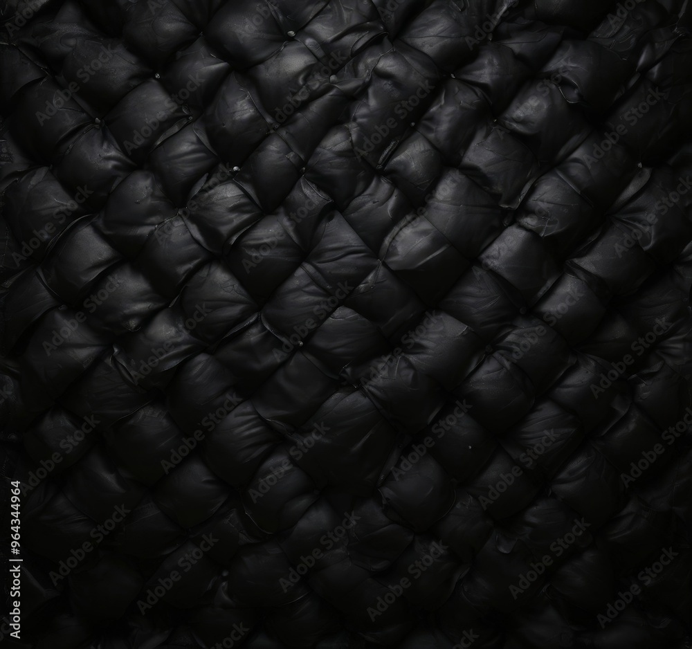Fototapeta premium a close-up view of a black leather surface with a distinctive diamond pattern. The pattern consists of small squares arranged in a diagonal grid, creating a textured and visually striking appearance.