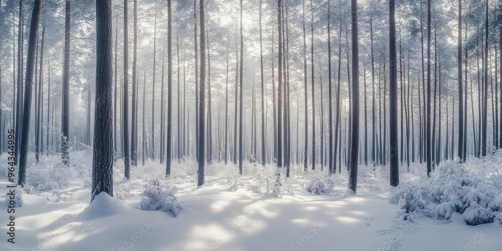 A serene winter forest scene with tall trees covered in snow, featuring soft light filtering through the branches.