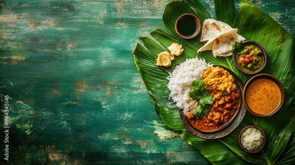 Sri Lankan breakfast with hoppers, curry, and sambol on a banana leaf. Top view with copy space. Sri Lankan breakfast with hoppers, curry, and sambol on a banana leaf. Top view with copy space.