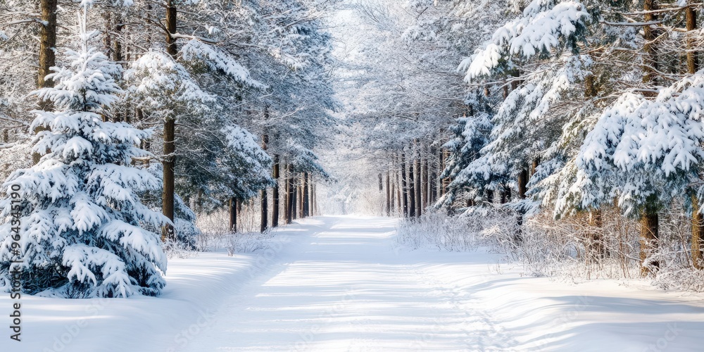 A serene winter landscape featuring snow-covered trees lining a pristine path, inviting tranquility and peaceful exploration. A serene winter landscape featuring snow-covered trees lining a pristine path, inviting tranquility and peaceful exploration.