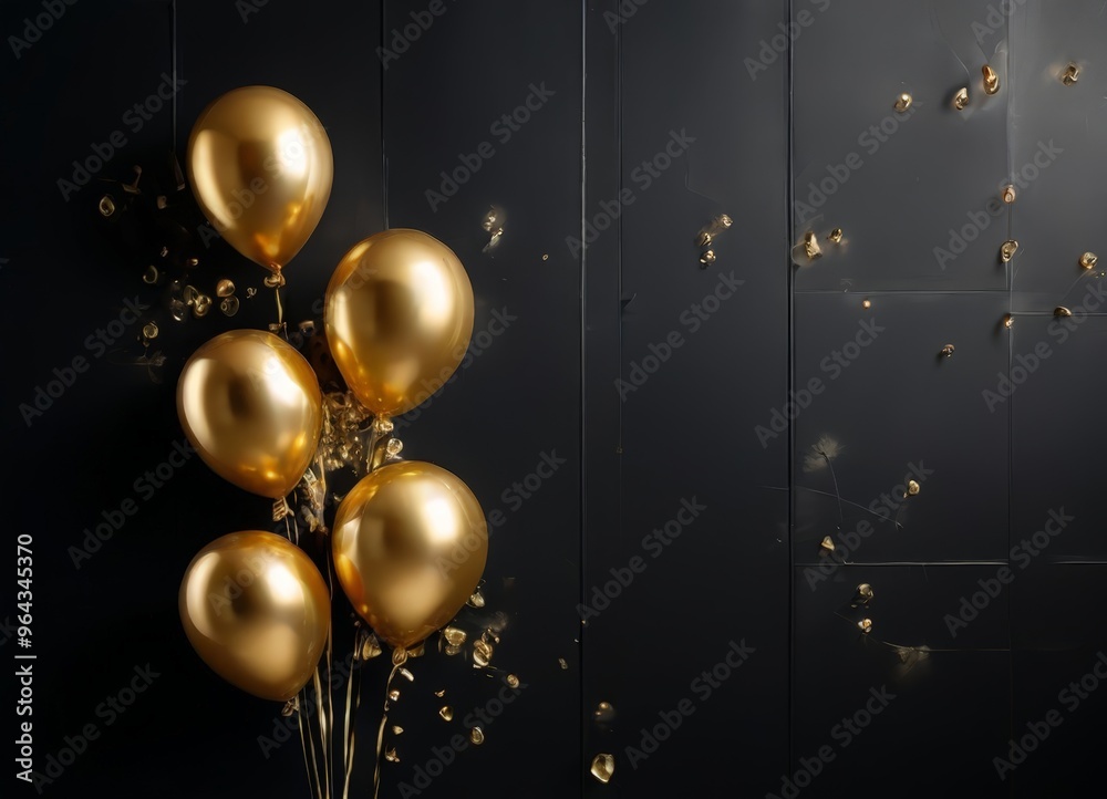 Obraz premium Golden balloons against a black background with scattered gold confetti.