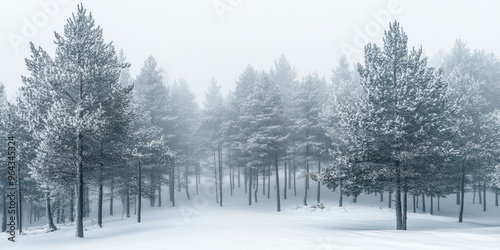 A serene winter landscape with snow-covered trees shrouded in mist, creating a peaceful and tranquil atmosphere.