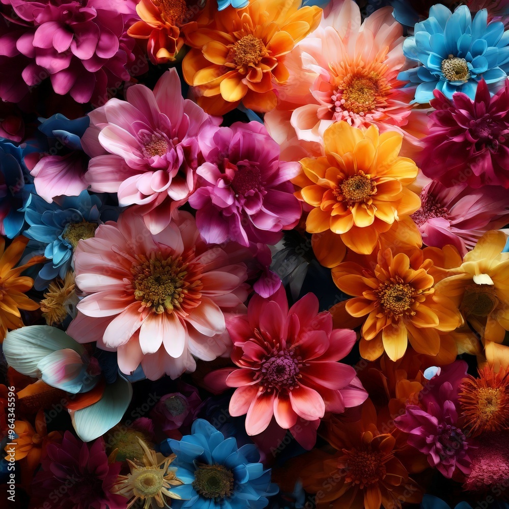 Fototapeta premium A vibrant bouquet of flowers in various shades of pink, orange, yellow, and blue, arranged in a visually striking manner.