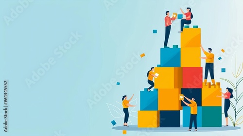 Business Team building  goals  activities Creative teamwork, building blocks collaboration, flat design illustration