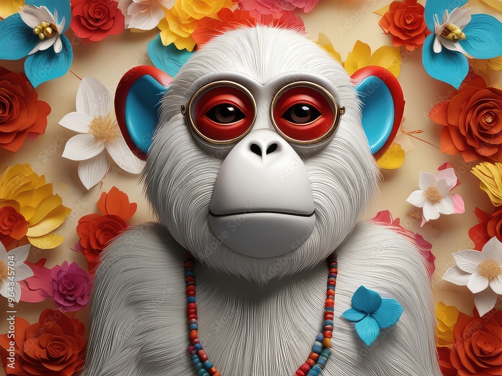 Obraz premium A cute 3D render of a happy Monkey face surrounded by colorful yarn balls and flower,a skull monkey by flowers,A monkey face is drawn , with a flowery design surrounding it