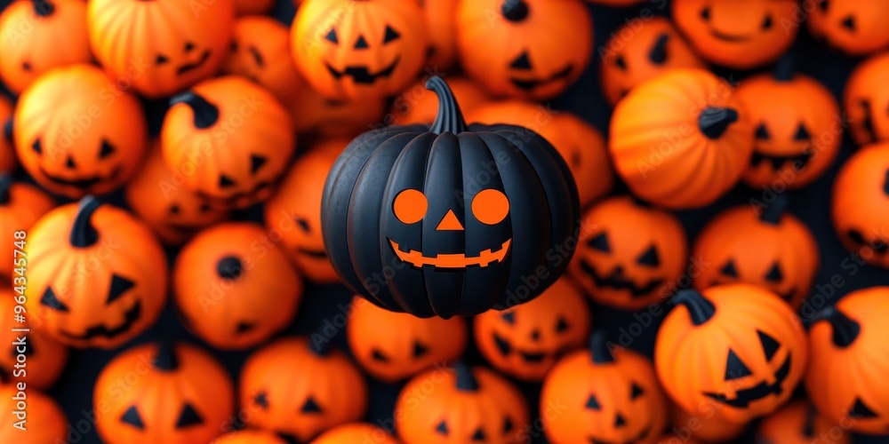 A striking black pumpkin stands out among a sea of orange pumpkins, perfect for Halloween themes and seasonal decorations.