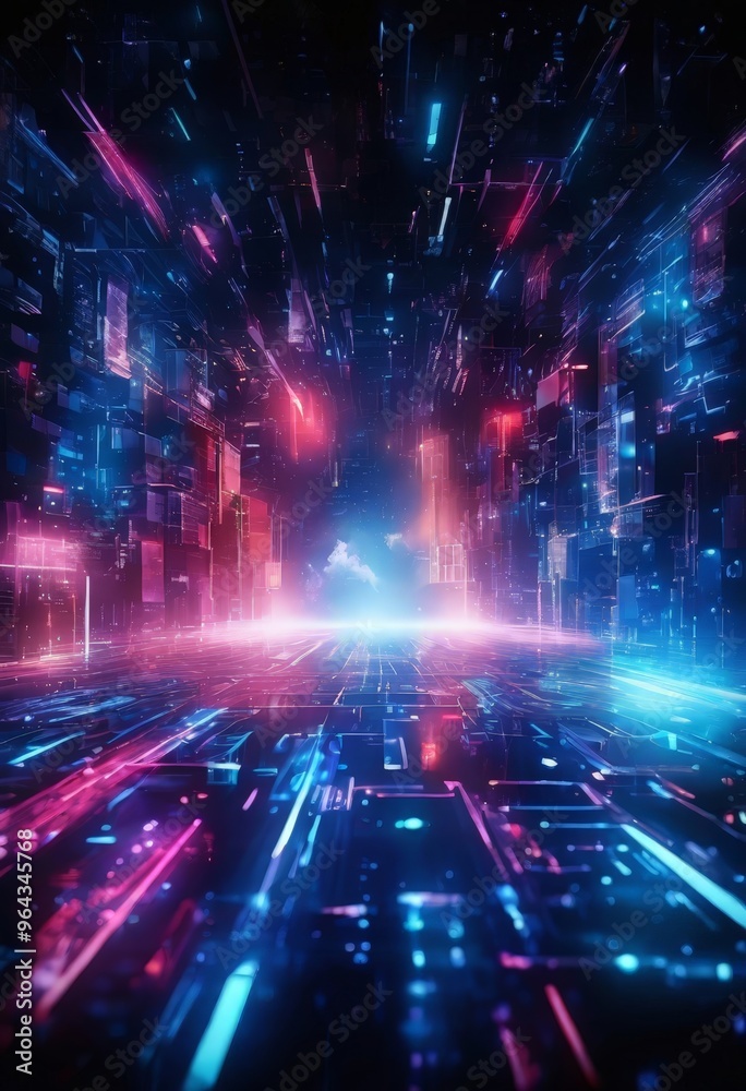 futuristic cityscape, characterized by a network of glowing lines and lights that create a sense of depth and dimensionality. The city is composed of numerous rectangular futuristic cityscape, characterized by a network of glowing lines and lights that create a sense of depth and dimensionality. The city is composed of numerous rectangular