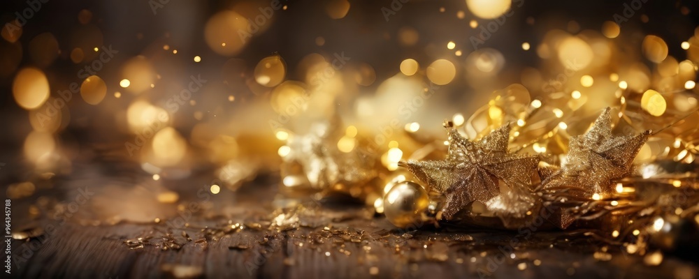 close-up view of golden star-shaped ornaments and glittering lights on a wooden surface, creating a festive and sparkling atmosphere. close-up view of golden star-shaped ornaments and glittering lights on a wooden surface, creating a festive and sparkling atmosphere.