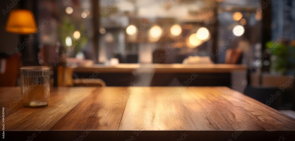 A wooden table with a glass of water on it, set against a blurred background of a restaurant interior with hanging lights. A wooden table with a glass of water on it, set against a blurred background of a restaurant interior with hanging lights.