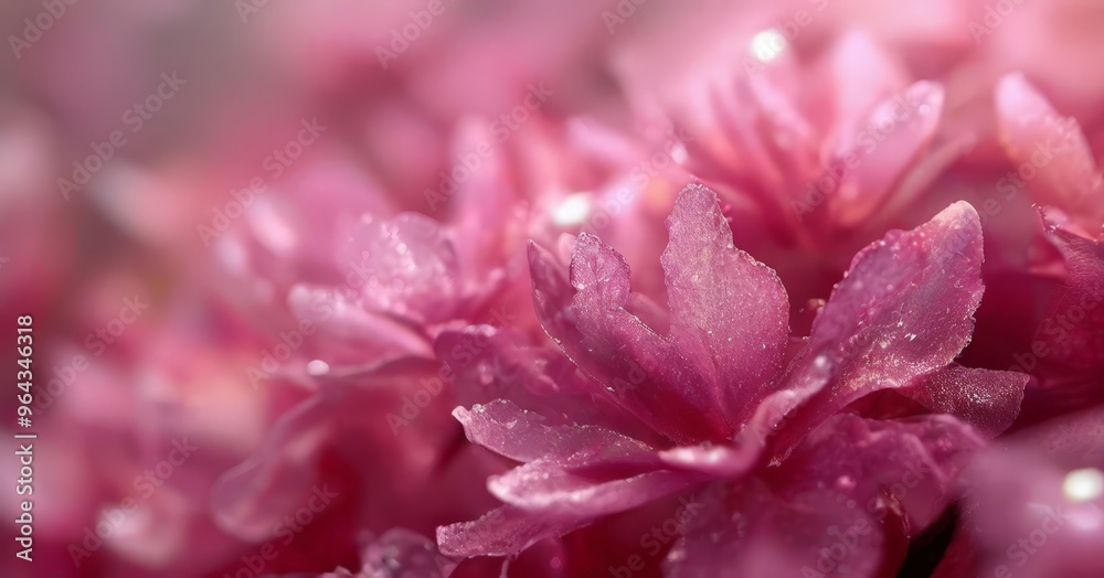 A close-up view of a cluster of pink flowers with water droplets on their petals, creating a soft, blurred effect. A close-up view of a cluster of pink flowers with water droplets on their petals, creating a soft, blurred effect.