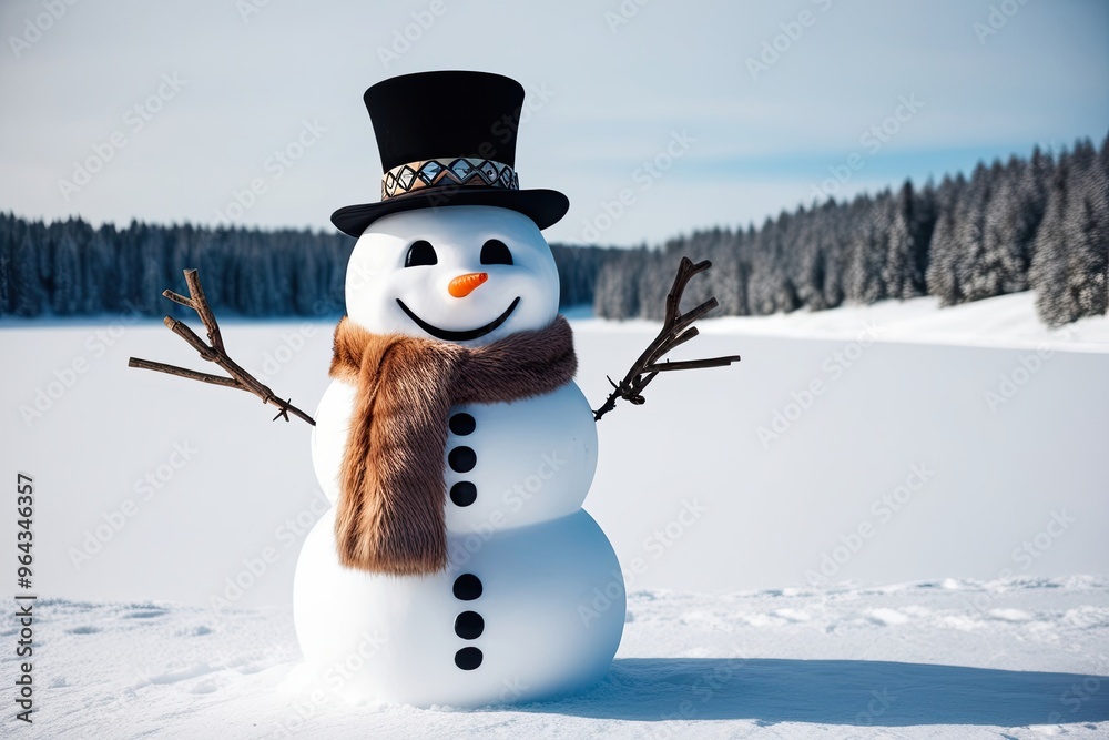 Obraz premium Cheerful Snowman Wearing Colorful Hat and Soft Scarf on Bright White Background
