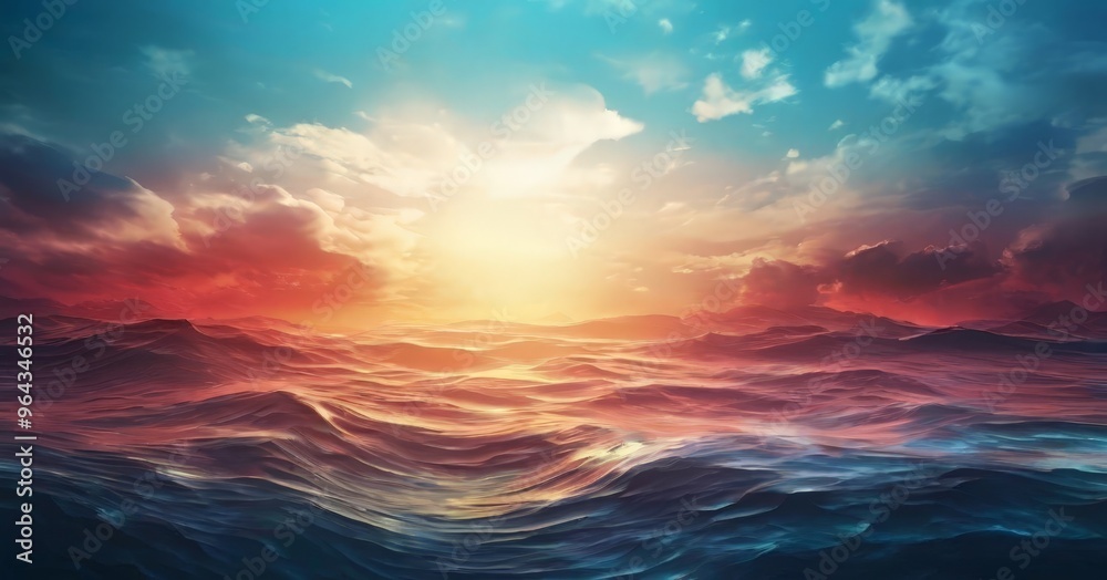 Obraz premium a dramatic sunset over a vast ocean, with the sun's rays piercing through the clouds and casting a warm glow on the water's surface.