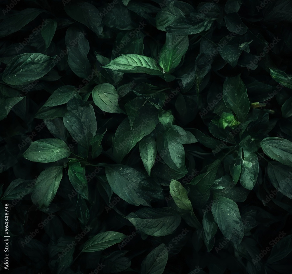 a dense, dark green foliage with water droplets on the leaves, creating a textured and lush appearance. a dense, dark green foliage with water droplets on the leaves, creating a textured and lush appearance.