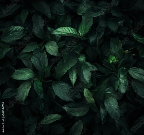 a dense, dark green foliage with water droplets on the leaves, creating a textured and lush appearance.