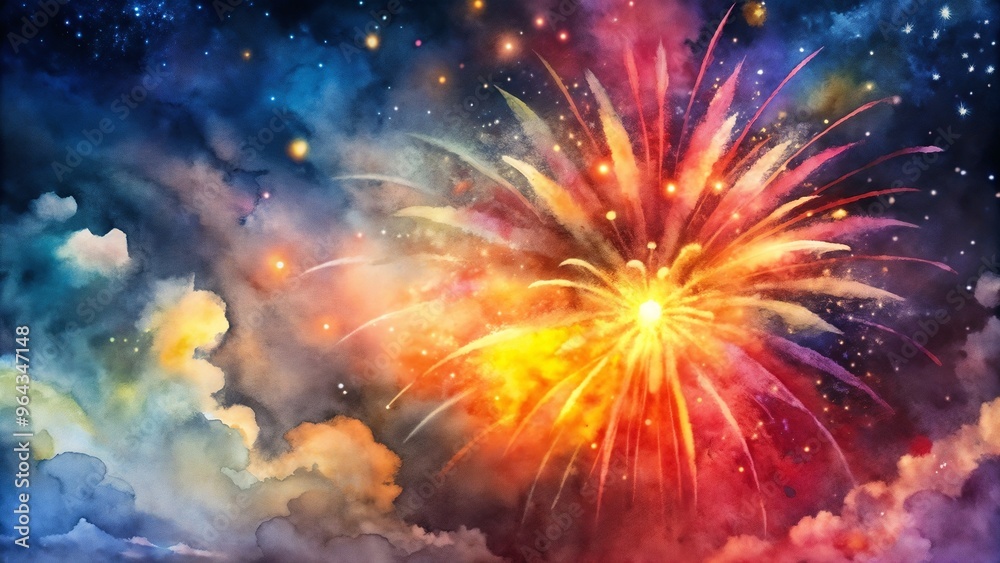 Fototapeta premium Colorful fireworks display on a vibrant watercolor background for celebration copy space