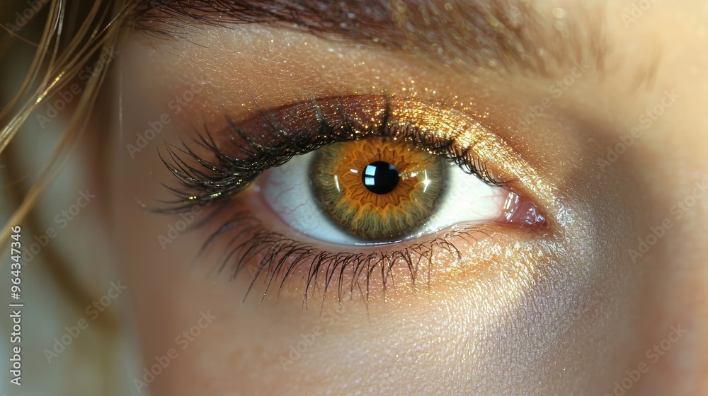 Close-up of a striking hazel eye showcasing intricate patterns and warm tones during golden hour lighting Close-up of a striking hazel eye showcasing intricate patterns and warm tones during golden hour lighting