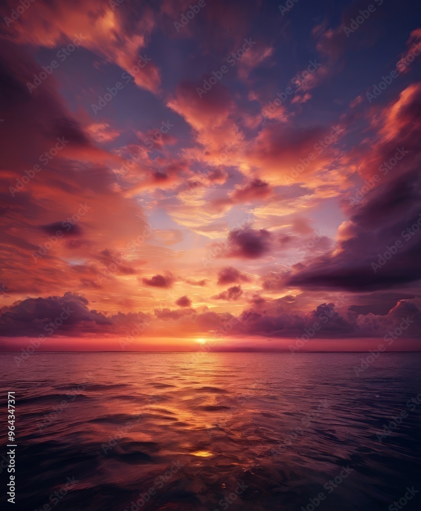 Obraz premium A breathtaking sunset over the ocean, with vibrant hues of orange, pink, and purple reflecting on the calm waters.