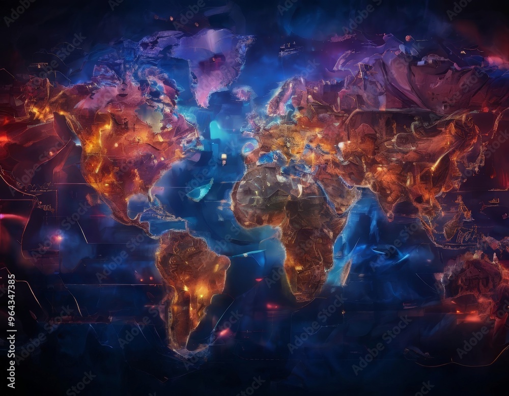 a digital painting of a world map with a vibrant, colorful, and abstract style. a digital painting of a world map with a vibrant, colorful, and abstract style.
