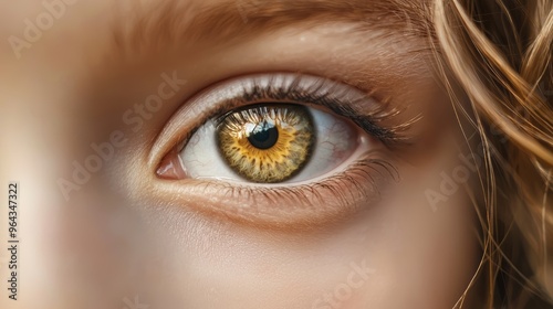 Close-up of a young person's eye highlighting vivid golden-brown iris with unique patterns during natural light