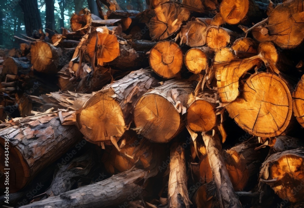 A pile of freshly cut logs in a forest, with the wood displaying a warm, golden hue. A pile of freshly cut logs in a forest, with the wood displaying a warm, golden hue.