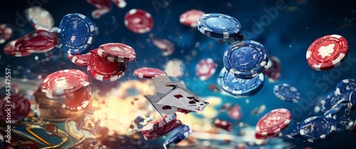 A digital illustration of a casino scene with poker chips flying in the air, surrounded by a dark blue background.