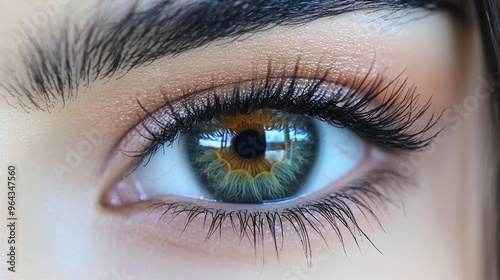 A close-up view of a human eye showcasing vibrant green and amber hues with long, dark eyelashes against a soft background