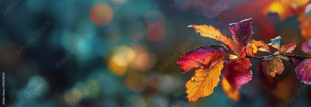 A close-up view of vibrant autumn leaves in various shades of red, orange, and yellow, set against a blurred background of green and blue hues. A close-up view of vibrant autumn leaves in various shades of red, orange, and yellow, set against a blurred background of green and blue hues.