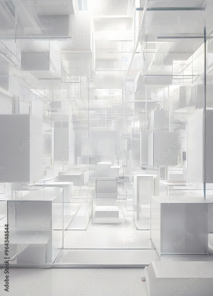 a minimalist, abstract art installation featuring a complex arrangement of white cubes and rectangles suspended from the ceiling, creating a sense of depth and dimensionality. a minimalist, abstract art installation featuring a complex arrangement of white cubes and rectangles suspended from the ceiling, creating a sense of depth and dimensionality.