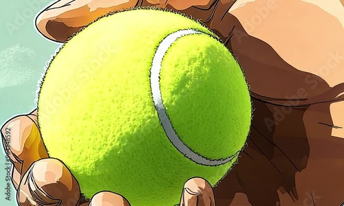 Hand Holding Tennis Ball, anime background  - 4K Video Stock of a Close-up Grip photo